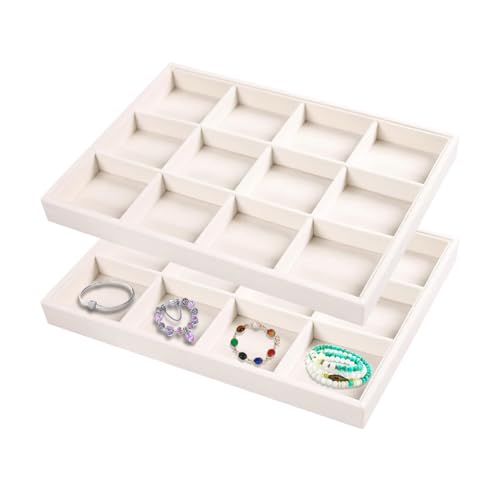 2pcs/Set Velvet Jewelry Tray, 12 Grids Large Storage Tray for Bracelet Bangle Beads Display, Jewellery Organizer Box Tray for Home Drawer or Shop Store Selling Show (Beige Velvet) - color: Beige, size: 12 Grid