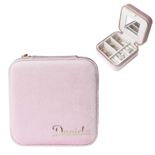 Customizable Compact Velvet Jewelry Box with Mirror, Travel Jewelry Case, Travel Jewelry Organizer, Jewelry Box for Women and Girls, Small Jewelry Organizer (Bottom Right Text, Powder Pink) - color: Powder Pink, size: Bottom Right Text Only