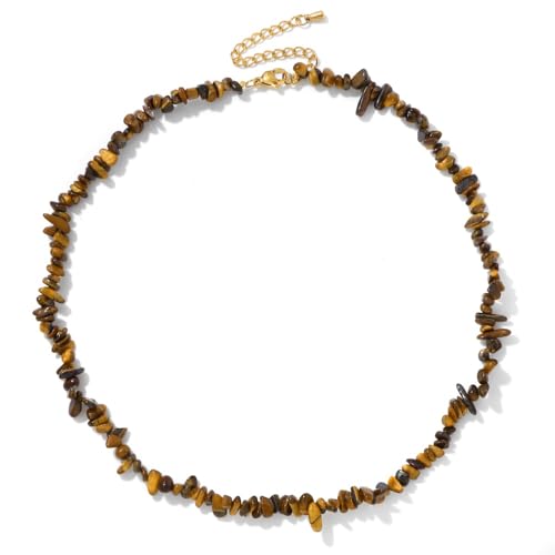 Raw Crystal Necklaces for Women 5-8mm Handmade Natural Stone Necklace Beaded Choker Necklace Healing Crystal Necklace Gemstone Necklace Raw Crystal Beaded Necklace for Her - style: Tiger Eye