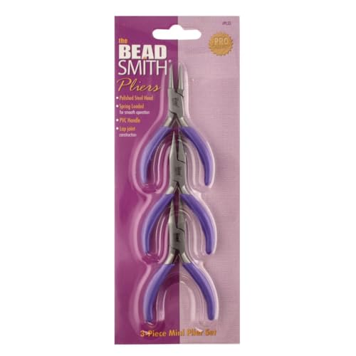 The Beadsmith Mini Series Plier Set – 3-Piece Kit: Chain Nose, Round Nose & Flat Nose – 3-Inches, Purple Comfort Grip Handle, Single Leaf Spring, Polished Steel Head – Tools for Jewelry Making - style: 3 Piece