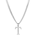 Men’s Minimal Initial Necklace, Stainless Steel Gold Silver Tone 26 Letters Pendant Necklace for Men Women 3.5mm Cuban Chain Waterproof - style: T
