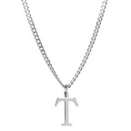 Men’s Minimal Initial Necklace, Stainless Steel Gold Silver Tone 26 Letters Pendant Necklace for Men Women 3.5mm Cuban Chain Waterproof - style: T