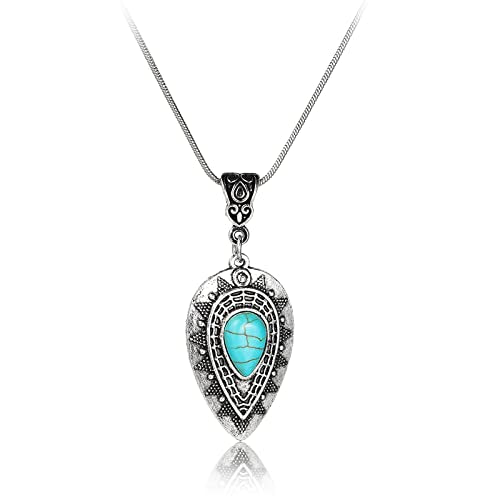 Pingyongchang Natural Turquoise Necklace Boho Bead Silver Cross Vintage Statement Pendant Necklace Handmade Turquoise Western Necklaces Jewelry for Women - color: W drop