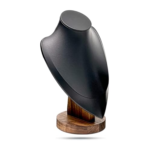 9.5" Real Walnut Jewelry Necklace Bust Display Stand for Vendors - Black Faux Leather - Wooden Mannequin Chain Holder - Medium - color: Black, size: 9.5" Tall, style: Walnut