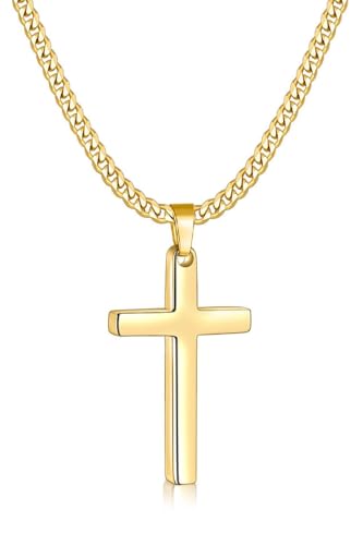 Fiusem Easter Basket Stuffers Cross Necklace for Men and Women, 14K Gold Plated Mens Cross Necklaces with 3.5mm Cuban Chain, Stainless Steel Pendant Chain 16-24 Inches - size: 24 Inches, style: Small gold cross:1.2"*0.75"