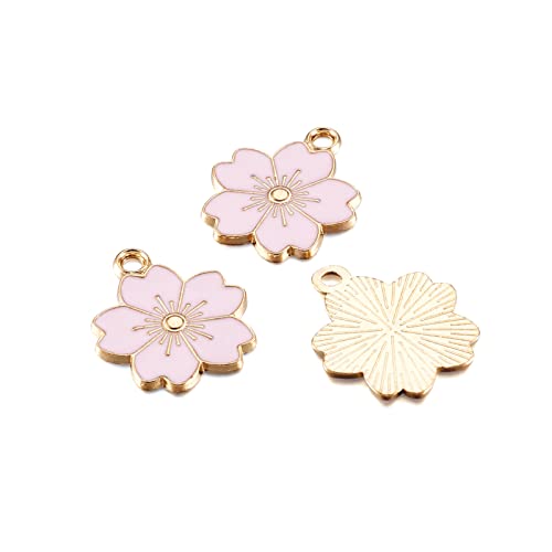 Beadthoven 100pcs Enamel Charms Cherry Blossom Daisy Flower Pendants Gold Plated Small Cute Bulk for Jewelry Making Bracelet Necklace Earrings Keychain DIY Accessories - color: Sakura Flower-Pink