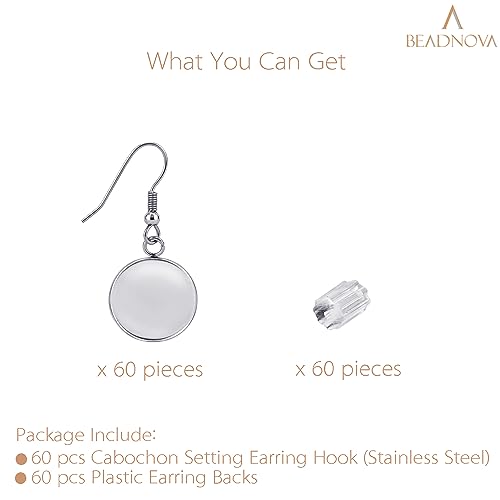 BEADNOVA Cabochon Setting Earring Hook 60pcs Blank Earring Bezel 12mm Stainless Steel Cabochon Setting Ear Wire Hook with Rubber Backs for Resin DIY Earwire Making (12mm, 60pcs) - color: 60pcs, size: 12mm