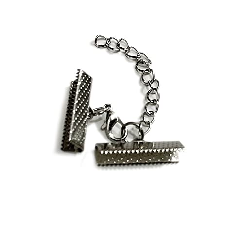 10 Set Ribbon Clamp Crimp Ends Beads Flat Cover With Lobster Claw Swivel Clasps Extension Chain Jump Rings Cords End Caps String Leather Clip Foldover Necklace Bracelet Connectors (Rhodium Crimp 25mm) - color: Rhodium Crimp 25mm