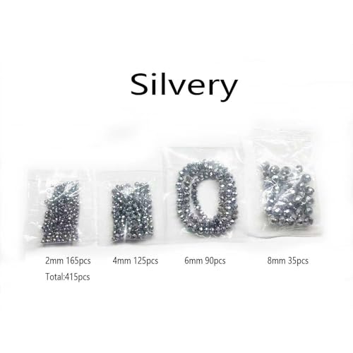 415pcs Rondelle Crystal Glass Beads 2mm 4mm 6mm 8mm Mixed Sizes, Faceted Briolette Spacer Czech Seed Loose Beads for DIY Jewelry Making (Silvery) - color: Silvery