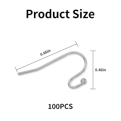 100Pcs Stainless Steel Earring Hooks French Hook Ear Wires for Earrings Jewelry Making Sterling Silver Wire Findings Dangle Pieces for DIY Craft Accessories
