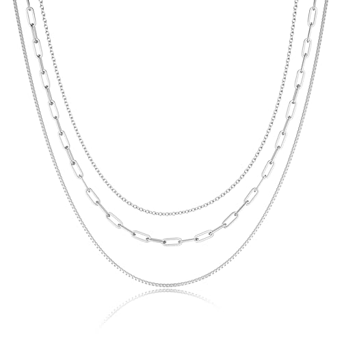 Freekiss Women's Layered Necklace Set - 3 Piece Dainty Gold Jewelry for Everyday Stacking | 14K Gold Plated Snake Chain, Rope Chain, Cuban Chain | Adjustable Length 14-18.5 Inch | Gift Ready - color: Silver, style: Paperclip+O+Box Chain