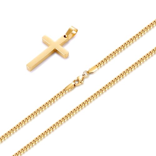 Fiusem Easter Basket Stuffers Cross Necklace for Men and Women, 14K Gold Plated Mens Cross Necklaces with 3.5mm Cuban Chain, Stainless Steel Pendant Chain 16-24 Inches - size: 22 Inches, style: Small gold cross:1.2"*0.75"