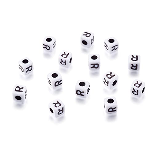 KISSITTY 240pcs Opaque Acrylic Letter R Cube Beads Bulk White Plastic Alphabet Loose Spacer Square Beads 4-5mm for DIY Name Bracelet Necklace Jewelry Crafts Making Hole: 1.8mm - color: Letter R#White and Black