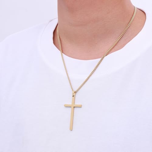 Fiusem Easter Basket Stuffers Cross Necklace for Men and Women, 14K Gold Plated Mens Cross Necklaces with 3.5mm Cuban Chain, Stainless Steel Pendant Chain 16-24 Inches - size: 22 Inches, style: Big gold cross:2.1"*1.2"