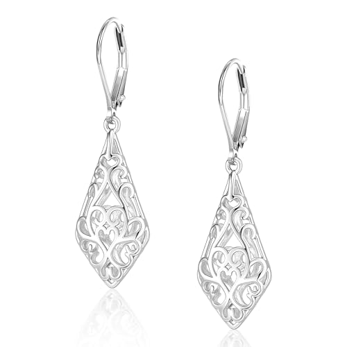 925 Sterling Silver Dangle Earrings for Women, 14K Gold Plated Filigree Dangling Leverback Earrings, Geometric Hypoallergenic Lightweight Dangly Drop Earings for Women Trendy Jewelry Gifts - color: A-Silver