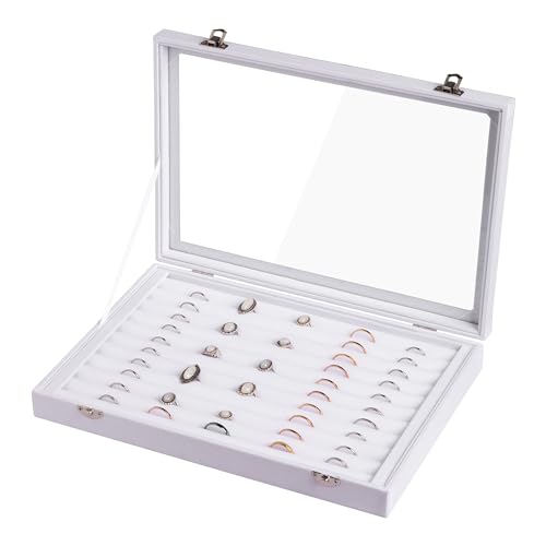 Frebeauty Rings/Earrings Organizer Tray with Clear Lid 10 Slots Velvet Drawer Insert Jewelry Storage box Transparent Glass lid Jewelry Display Case Showcase Gift for Girls Women (White, 10 Slots) - color: White, size: 10 Slots