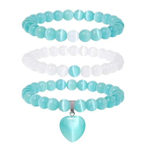Vinswet Healing Crystal Beaded Bracelets for Women,Natural Amethyst Gemstones Bracelet,Anxiety Stress Relief Heart Charm Bracelet Handmade purple Jewelry Gifts for Women - color: White Cat Eyes&green Cat Eyes
