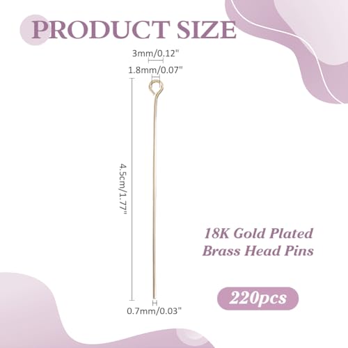 220Pcs Head Pins 18K Gold Plated Brass Flat Ball Head Eye Pins Jewelry Pins Needles 45mm for Earring Bracelet Necklace Jewelry Making Findings Accessory Supplies DIY Craft - size: 45.5x3x0.6mm