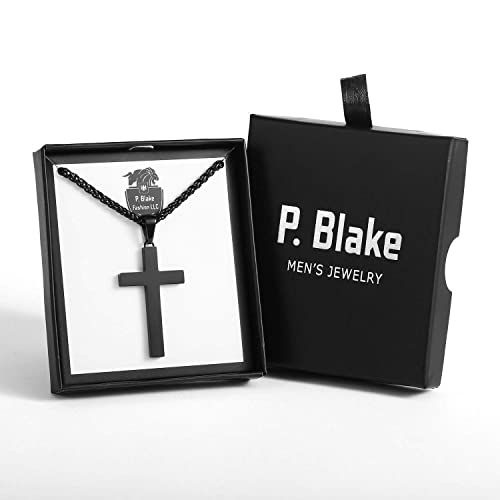 P. BLAKE Stainless Steel Cross Pendant Necklace for Men Boys, Christian Cross Pendant with 16-24 Inches Chain Cross Necklace Jewelry Gifts - size: 22 inches, style: Black Pendant 1.7*0.9