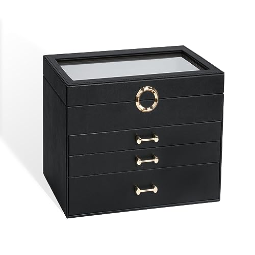 Jewelry Organizer Jewelry Boxes for Women, Jewelry Box with Clear Glass Lid 4-Tier with 3 Drawers, Gift for Women Girl, Black Glass Lid - color: Black Glass Lid
