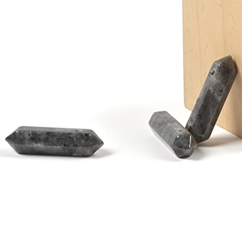 Larvikite 32mm Natural Gemstone Hexagonal Wand Jewelry Making Crystal Pointed Chakra Reiki Healing Beads 2mm Hole Drilled(Pack of 10) - color: Larvikite