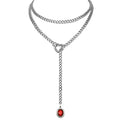 Heart Slip Chain Necklace for Women, 39 Inch Cuban Chain, Removable Heart O-Ring, Crystal Pendant, Adjustable Stainless Steel Y-Necklace - color: Silver-Red