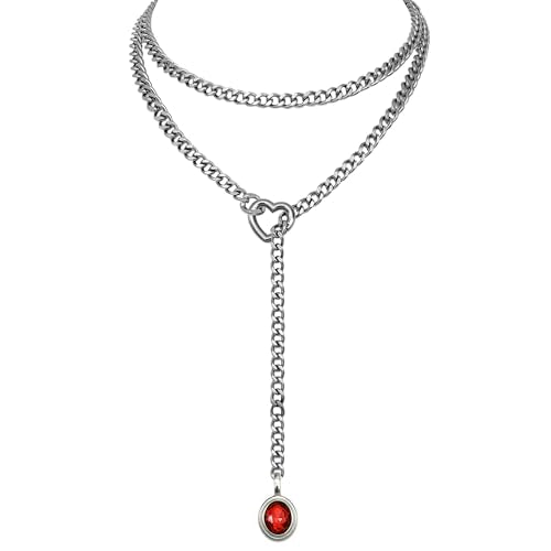 Heart Slip Chain Necklace for Women, 39 Inch Cuban Chain, Removable Heart O-Ring, Crystal Pendant, Adjustable Stainless Steel Y-Necklace - color: Silver-Red