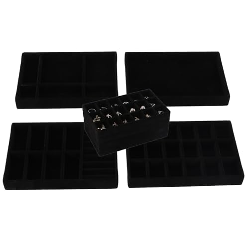 Stackable Jewelry Organizer Trays for Drawer, Set of 4 Velvet Jewelry Drawer Inserts in Dresser, 8in Storage Display Case for Rings Stud Necklaces Accessories(Black) - color: Black