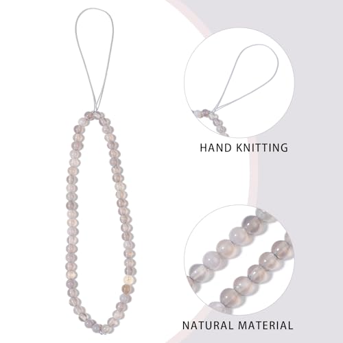 Semi-Precious Gem Stones Beaded Phone Charm Cell Phone Lanyard Wrist Strap Handmade Natural Gemstone Phone Chain string - color: Gray agate