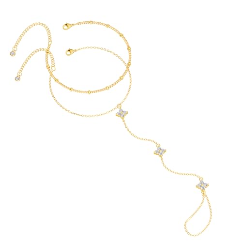 CHESKY 14K Gold Plated Hand Chain Bracelets for Women Set - Dainty Finger Ring Bracelet Stack Adjustable Hand Chains Durable Beaded Bracelets Trendy Simple Body Jewelry Gift for Women - style: 2clover bracelet-gd