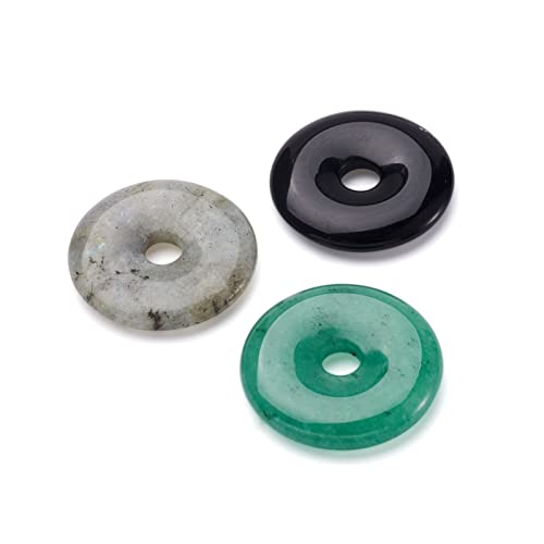 FASHEWELRY 5Pcs Natural Donut Disc Gemstone Pendants 28-30mm Large Hole Healing Chakra Polished Stone Flat Round Bead Charms Random Mixed Styles for Jewelry Making Hole: 6mm - color: 28~30mm, Mixed Colors