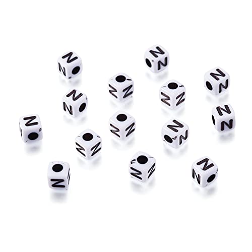 240pcs Opaque Acrylic Letter N Cube Beads White Plastic Alphabet Loose Spacer Square Beads 4-5mm for DIY Name Bracelet Necklace Jewelry Crafts Making Hole: 1.8mm - color: Letter N#White and Black