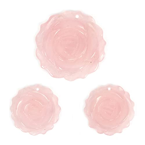 Justinstones 3pcs Carved Gemstone Flower Pendant Earrings Beads Set For Jewelry Making DIY 1.3 Inch & 1 Inch - color: Rose Quartz