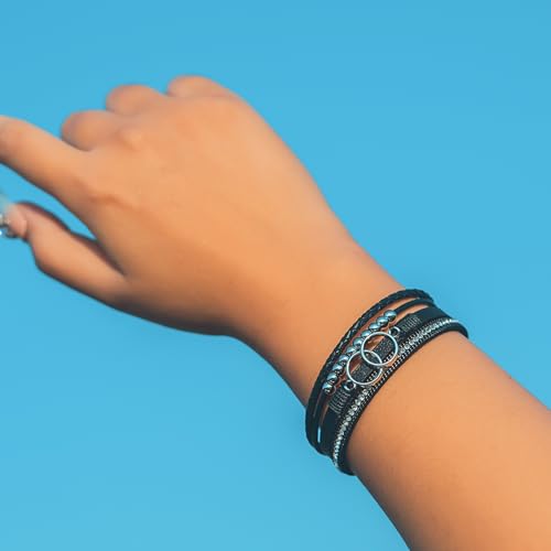 FANCY SHINY Mothers Day Gifts Boho Leather Wrap Bracelet Stackable Infinity Chunky Cuff Bracelets Western Hippie Outfits Jewelry Valentine Gifts for Women - color: Black