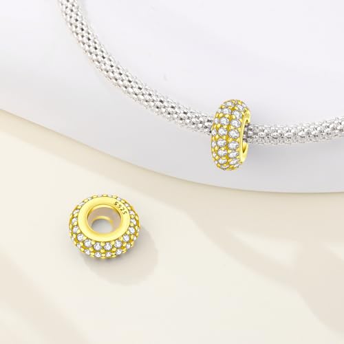 Spacer Stopper Beads for Bracelets & Necklaces, 925 Sterling Silver Beads | Smooth & Pave Cubic Zirconia (White, Blue, 18K Gold Plated) | Anti-Slide Separator Charms S925 Women Jewelry - color: 2Pcs Gold CZ Spacer