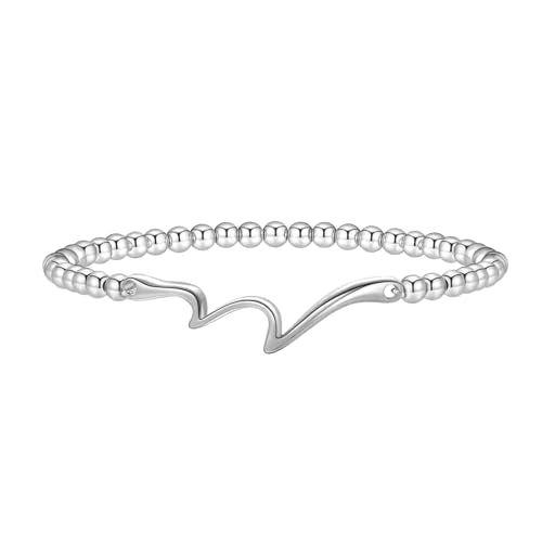 Mothers Day Gifts - Beaded Bracelets for Women 14K Silver Gold Plated Stretch Handmade Ball Bracelets Cute Charm Bracelet Dainty Stackable Cross Heart Bow Wave CZ Circle Trendy Jewelry Easter Gifts - color: wave-silver
