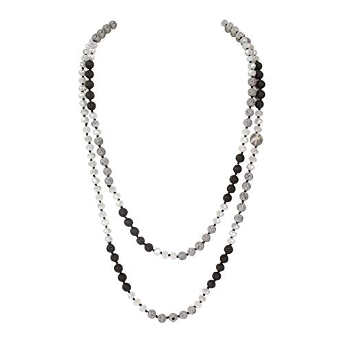 Bead Strand Versatile 60" Long Wrap Necklace - Handmade Knotted Multi Layer Sparkly Crystal, Semi Precious Natural Stone, Lava, Glass Faux Pearl - color: Natural Lava Stone Mix - Grey