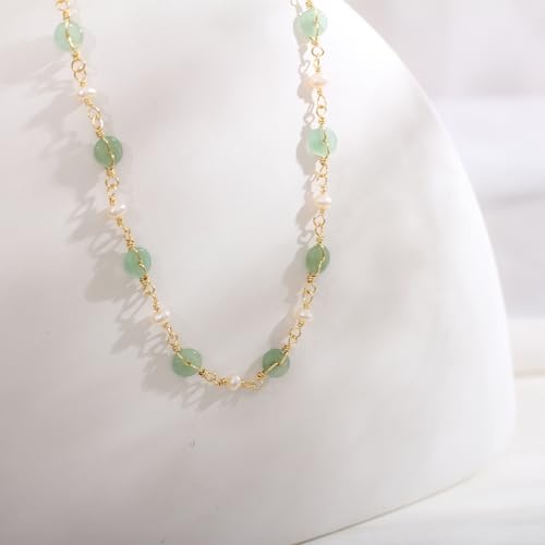 14K Gold Plated Natural Jade & Pearls Necklaces for Women, Natural Freshwater Pearls Jade Pendant Lucky Green Jewelry Chain for Women Lover (14K Gold Plated)