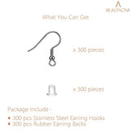 BEADNOVA 300pcs Stainless Steel Earring Hooks with Rubber Backs, Silver, Elegant, Polished, Hypoallergenic, DIY Ear Findings Supplies - color: 300pcs