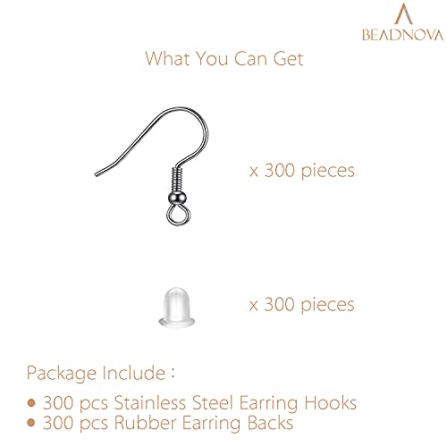 BEADNOVA 300pcs Stainless Steel Earring Hooks with Rubber Backs, Silver, Elegant, Polished, Hypoallergenic, DIY Ear Findings Supplies - color: 300pcs