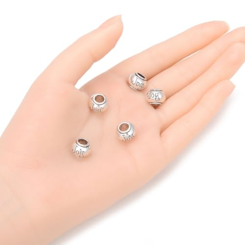 40pcs Joy Beads Large Hole Happiness Round Loose Beads (4.5mm Hole) Antique Silver Metal Spacer for DIY Craft Jewelry Making MEC-C10 - size: Joy Round Bead