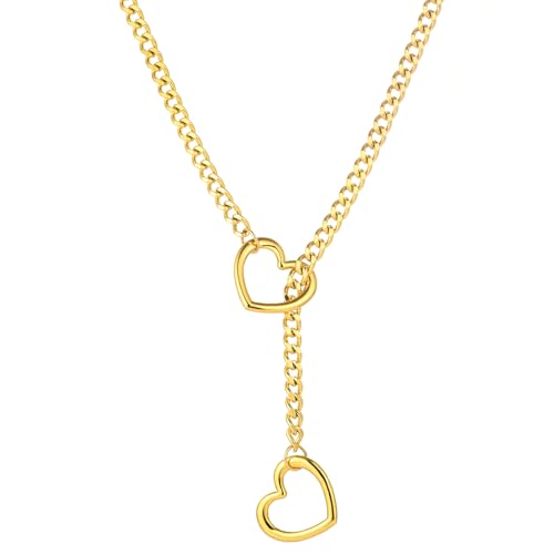 sroyte Heart Slip Chain Necklaces for Women,Stainless Steel O-Ring Adjustable Lariat Y-Necklace,Punk Gothic Cuban Collar Choker Necklace for women - color: Gold Heart, size: 31"