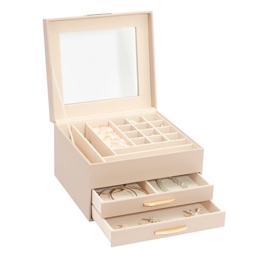 Jewelry Organizer Box, Jewelry Holder Organizer 3 Layers with 2 Drawers, Jewelry Boxes Display Earring Necklace Watch Bracelet and Rings - Glass Lid Apricot - color: A Glass Lid Apricot