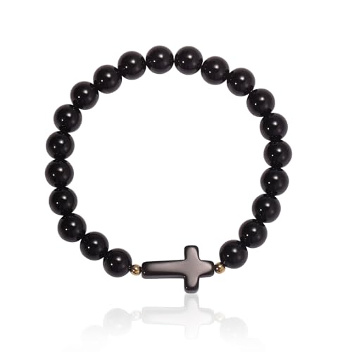 Healing Onyx Bracelet for Women Men Handmade Natural Gemstone Amethyst Crystal Bracelets Obsidian Cross Beaded Stone Jewelry - color: Black Agate