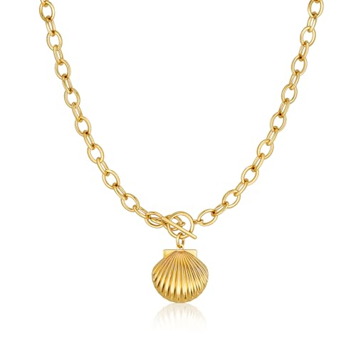 CHESKY 14K Gold Plated Chunky Necklace for Women, Trendy Paperclip Chain Necklace Thick Cross Heart Pendant Necklace Layered Herringbone Cuban Link Chain Toggle Necklaces Non Tarnish Jewelry - color: gold, style: shell
