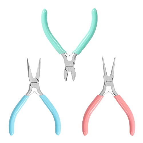 WORKPRO Jewelry Pliers Set, 3 Pack Jewelry Making Tool Kit Includes Mini Needle Nose Plier/Chain Nose Plier, Round Nose Plier and Wire Cutter for Jewelry Repair, DIY Crafts, Jewelry Making Supplies - color: Light Blue, Light Green, Pink