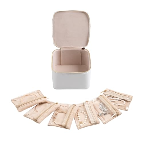 Frebeauty Small Travel Jewelry Box,Travel Jewelry Case with 6 Pouch Bags,Portable Travel Jewelry Organizer,Mini Jewelry Storage,3.35 x 4.9 x 4.8 Inches,Gift Idea for Women Girls (White) - color: White