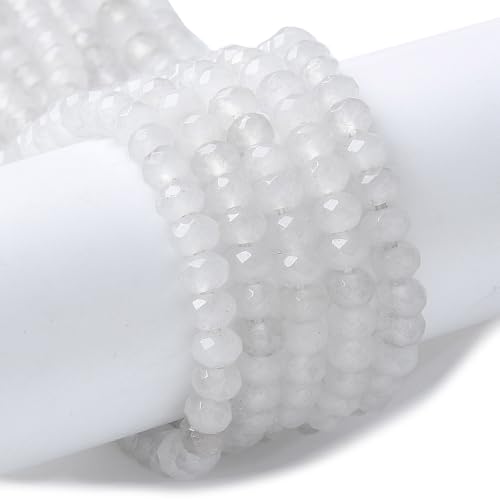 115pcs 4x2mm Rondelle Faceted Natural Jade Beads, Dyed Stone Beads Abacus Disk Stone Spacer Charm Bead for DIY Bracelet Necklace Jewelry Making Keychain Phone Chain Ornament, White - color: White