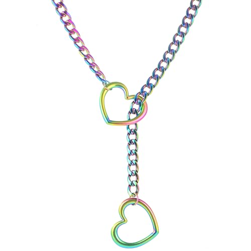 sroyte Heart Slip Chain Necklaces for Women,Stainless Steel O-Ring Adjustable Lariat Y-Necklace,Punk Gothic Cuban Collar Choker Necklace for women - color: Chunky Colorful Heart, size: 31"