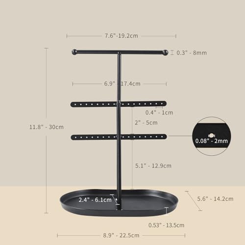 Saydear Elegant Jewelry holder Organizer 2-Tier Display Storage Stand for Earrings Necklaces with Ring Tray Spacious and Durable, Easy to Assemble Black - color: Black